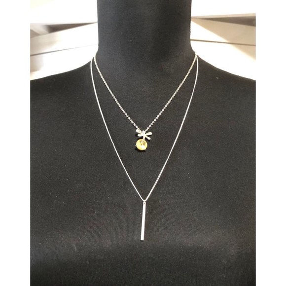 Women's Pendant Necklace Set Bar Dragonfly Yellow Glass Gem Layered Jewelry NWOT - Picture 1 of 4